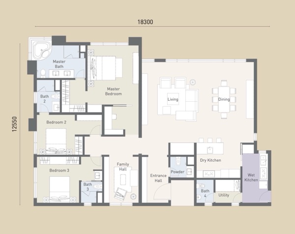 Type A1 floor plan 2,260 sq ft 3+1 bedroom with family hall