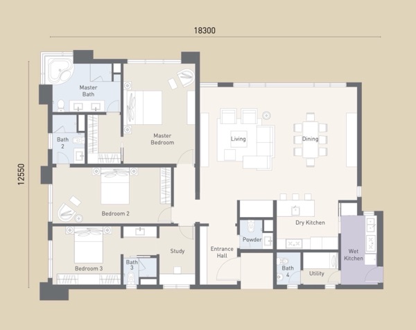 Type A2 floor plan 2,260 sq ft 3+1 bedroom with study