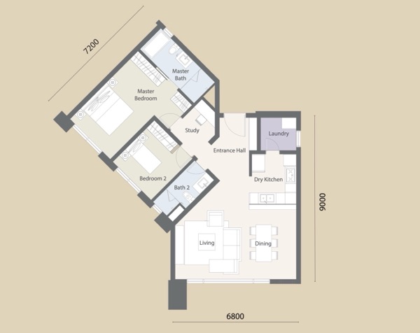 Type D1 floor plan 1,152 sq ft 2 bedroom with study